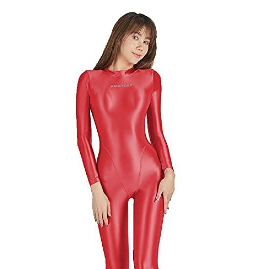 Diving Suit for Skin Also Nylon Swimsuits with Legs [AMORESY] Shiny, Full-body Skin-on Competition. Available (red, XXL)