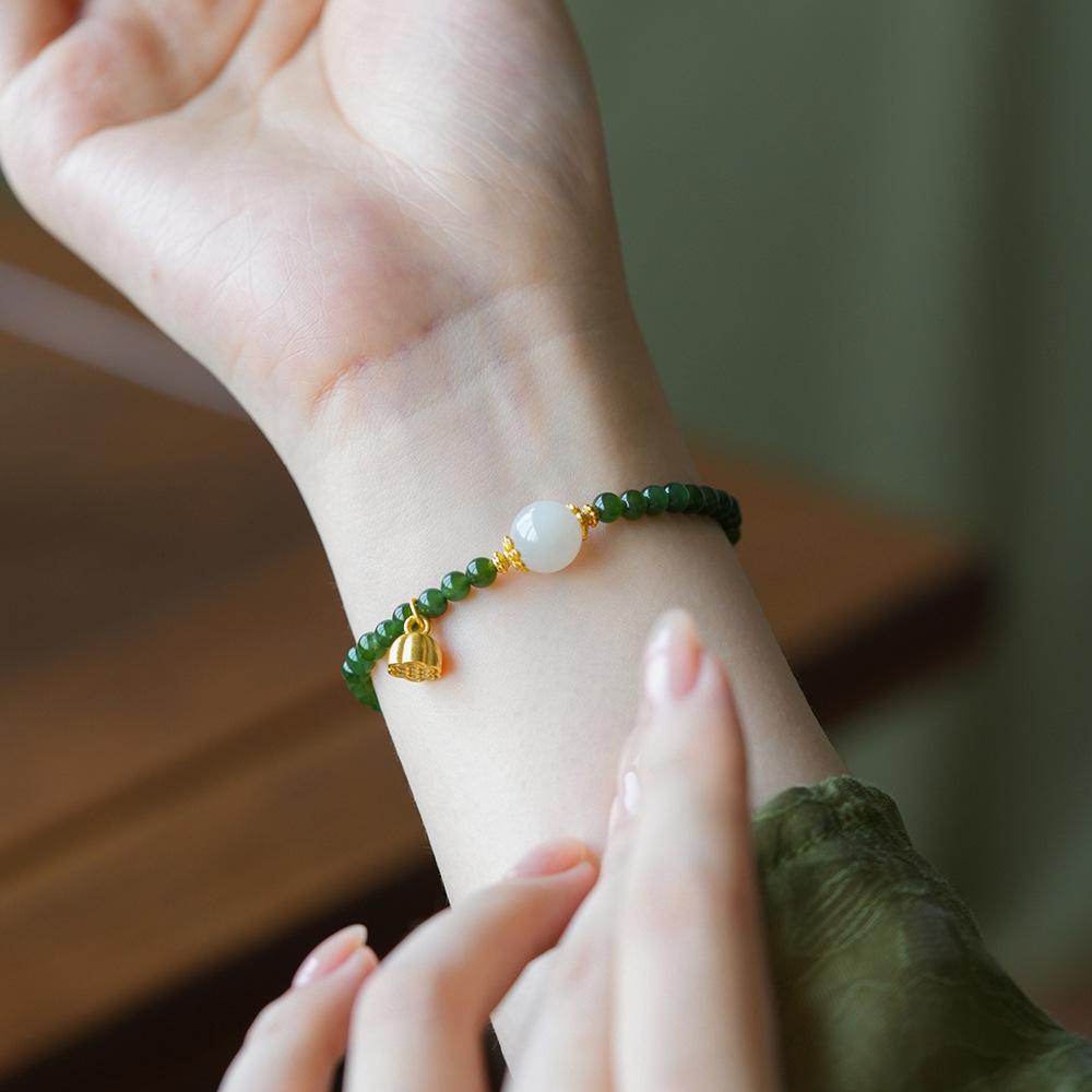 

Spinach Green Jasper & Yang Green Jade Beaded Bracelet for Women, Niche Design with Lotus Pod Ornament, Small Rice Beads, Ideal Gift.