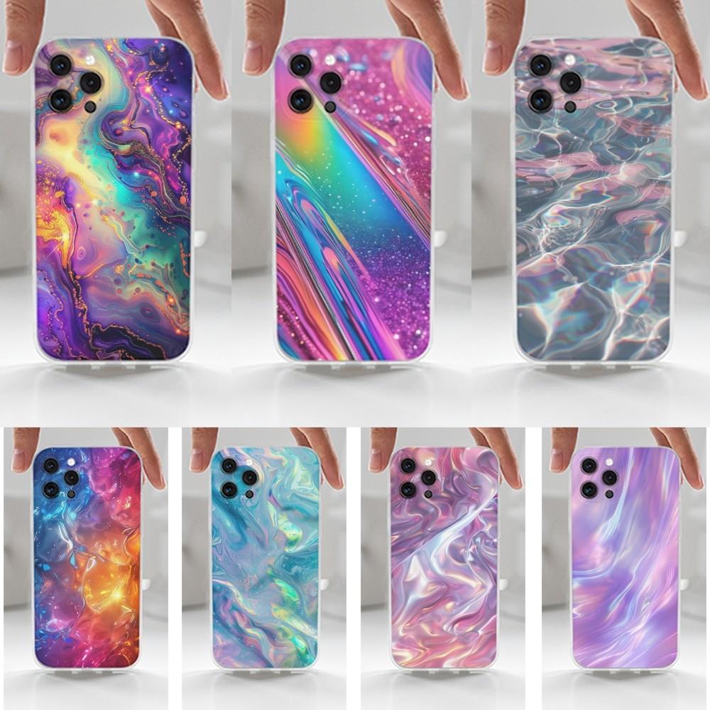 Rainbow Holographic Phone Case For iPhone 16,15,14,13,12,11 Plus,Pro,Max,XR,XS,X,7,8 Plus,SE,Mini,Transparent,Silicone Case