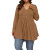 Women's Large Size Casual Solid Color V-neck Buttoned Waist And Large Hem Stitching Long-sleeved Loose T-shirt Top