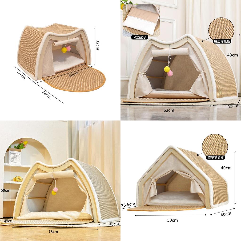 Wooden Cat House With Semi Closed Design And Cat Scratcher For Multisize Cats And All Seasons