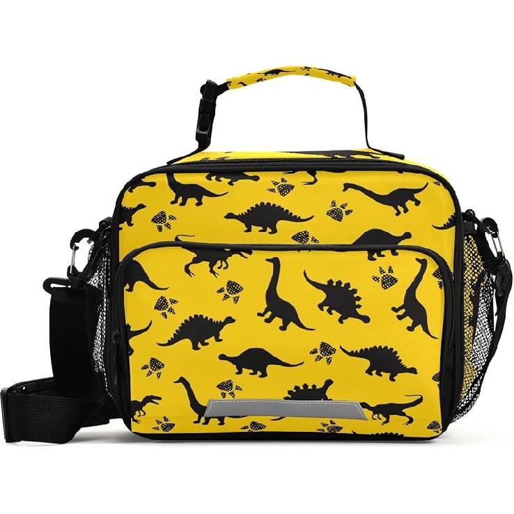 Dinosaur Animal Print Yellow Lunch Box Boys, Lunch Bag for Kids School Insulated Tote Bag Cooler Tote with Adjustable Shoulder Strap for Girls