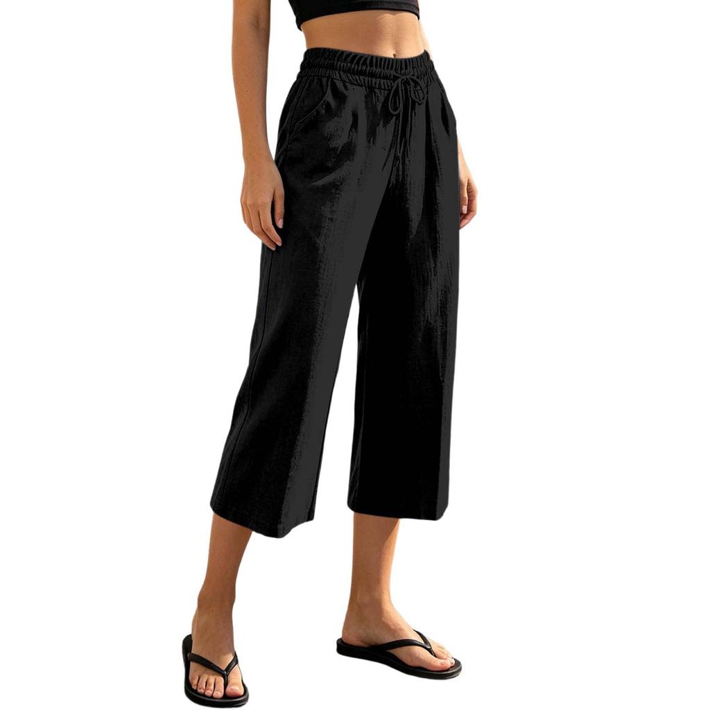 Women Drawstring Waist Loose Fit Cotton Linen Cropped Pants with Back Pocket Relaxed Fit Casual Seven Eighths Trousers for Daily Wear