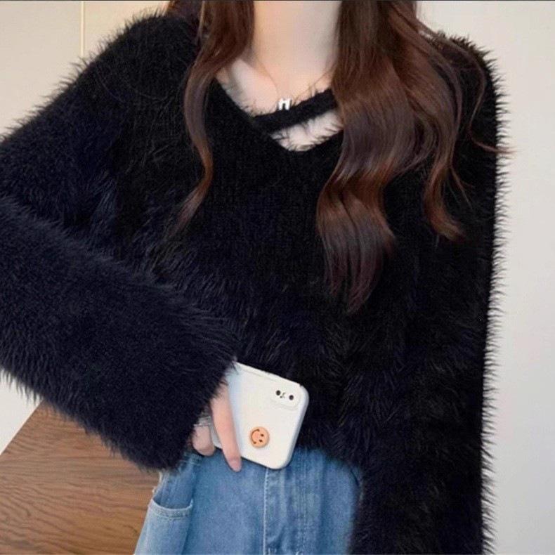 Autumn/Winter Faux Mink Velvet Women's Long Sleeve Knit Sweater - Soft, Loose, Lazy Style