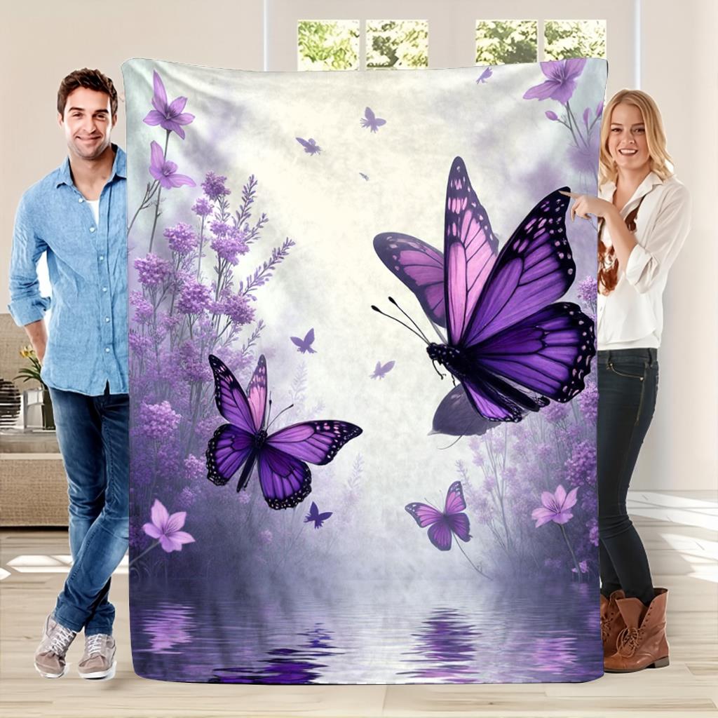 Floral Butterfly Blanket Purple Nature Scene Soft Fleece Throw Cozy Home Decor For Spring Season Relaxation Gift For Her