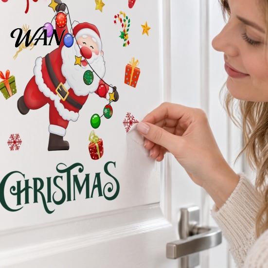 Living Room Holiday Decors Christmas Santa Claus and Colorful Lights Wall Stickers, Removable PVC Decal, Peel Party Photo Backgrounds Stick Art Decor