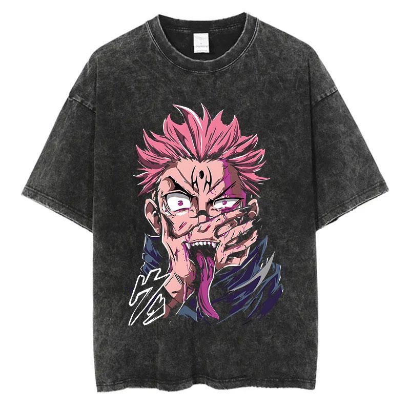T-shirt Lavé d'Été Impression Graphique Anime Streetwear Vintage Oversize Homme Mode Coton Haut T-shirt Noir