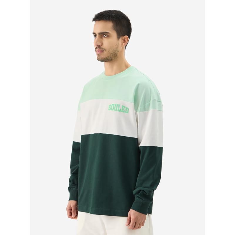 The Souled Store Jasper Men and Boys Round Neck Green and White Colorblock Full Sleeve Oversized T-Shirts Oversized Men'