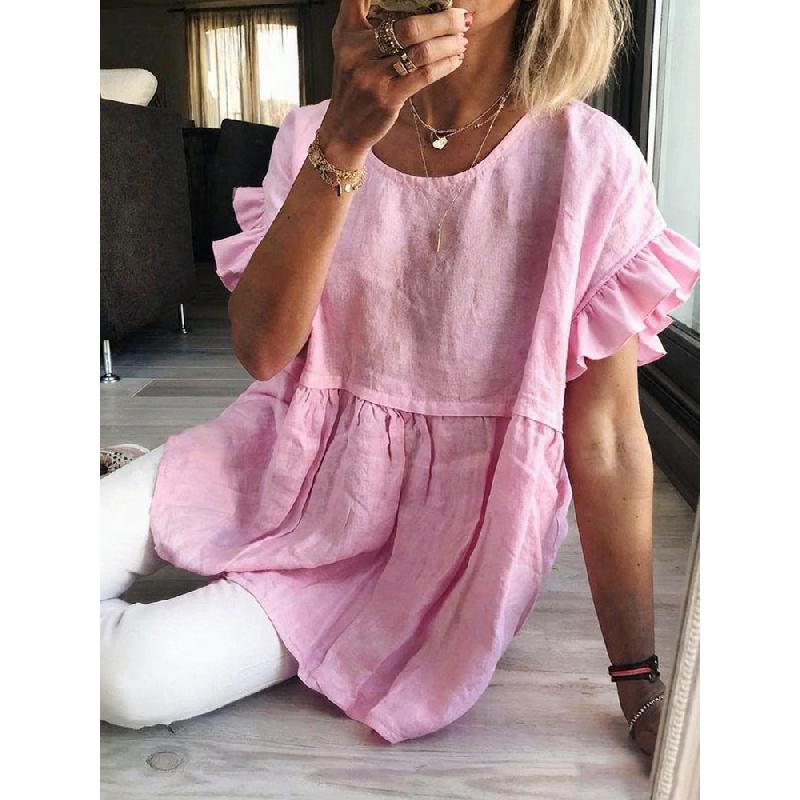 2026 New Women's Summer Solid Color Round Neck Short Sleeve Ruched Top T-Shirt