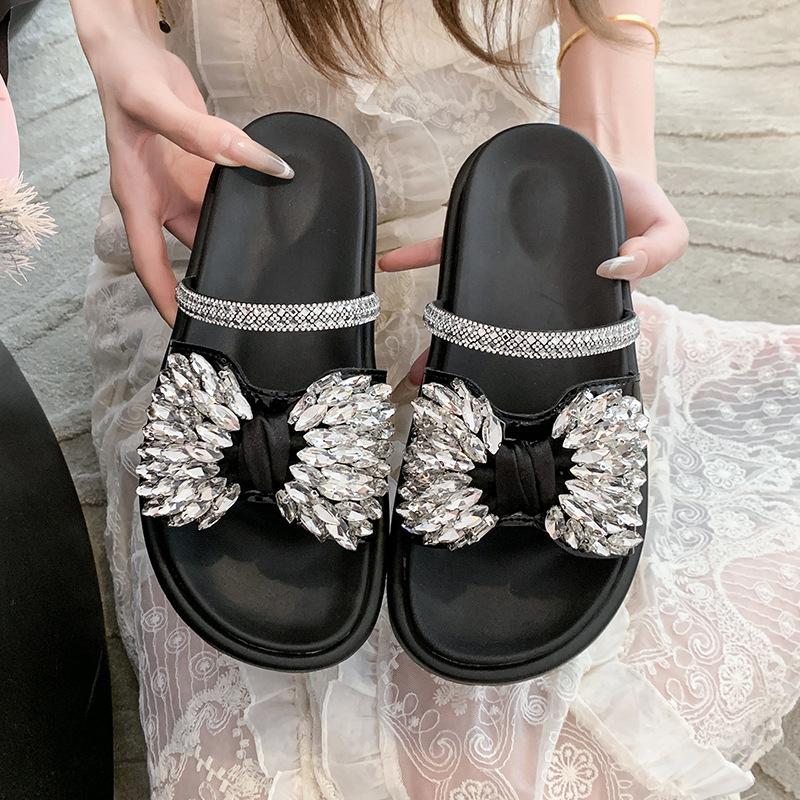 2025 Women's Summer Wear Cool Slippers with a Hundred Matching Thick-bottomed Rhinestone Bow Skirt Summer New French Flat-bottomed Drag