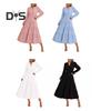 Spring Dress Pleated Patchwork Hem A-line Big Swing Midi Dress V Neck Long Puff Sleeves Flowy Dress High Waist Solid Color Dress for Datings Prom