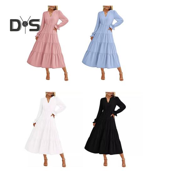 Spring Dress Pleated Patchwork Hem A-line Big Swing Midi Dress V Neck Long Puff Sleeves Flowy Dress High Waist Solid Color Dress for Datings Prom