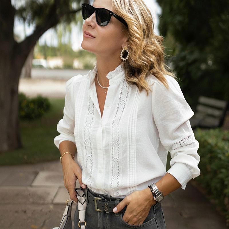 2025 Primavera e Outono Novo Elegante Estilo Literário Renda Costurada Gola Alta Manga Comprida Camisa Branca para Mulheres