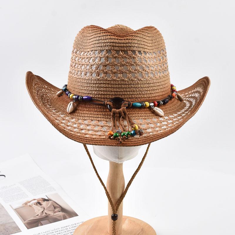 Bohemian Style Straw Cowboy Hat Women Men Hollow Out Sun Protection Beach Hat for Summer, Breathable Straw Material