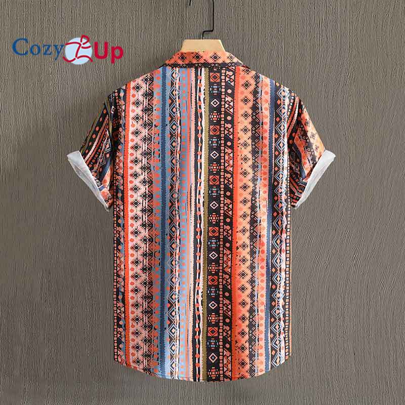 Men Short Sleeve Shirt Orange Vertical Stripe Printed Fashion Men Summer Shirt