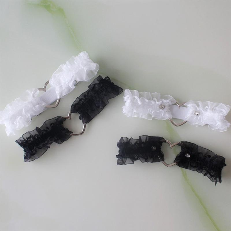 Damen Strumpfband mit Rüschen, Spitze, Metallherz, für Hochzeiten, Beingeschirr, Gothic, Punk, Kawaii, dehnbar, Oberschenkelring, Clubwear