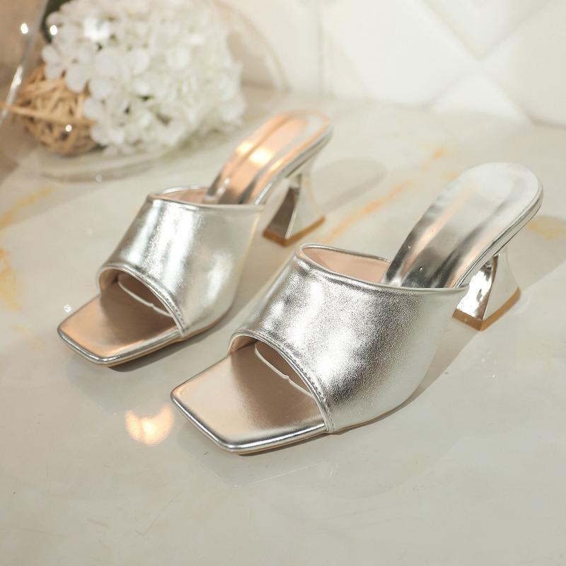 

Summer new one-word with open-toe stiletto, fashionable and sexy foot-fitting women s sandals 36 серебряный