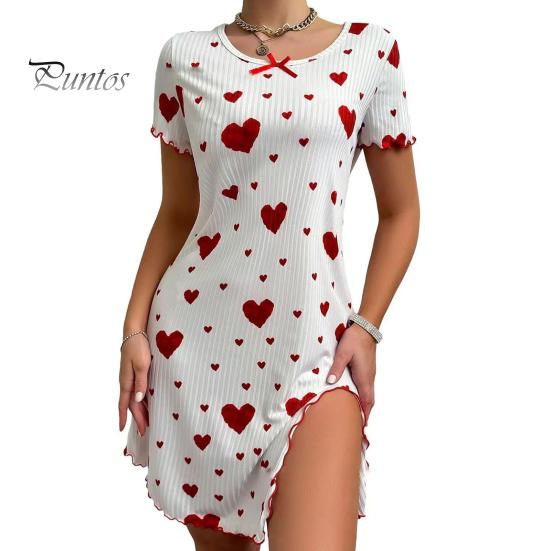 

Женская ночная рубашка контрастного цвета с принтом в виде сердца, сборками по краю, декором в виде банта, разрезом по низу, свободные короткие рукава, летнее платье для сна S красный