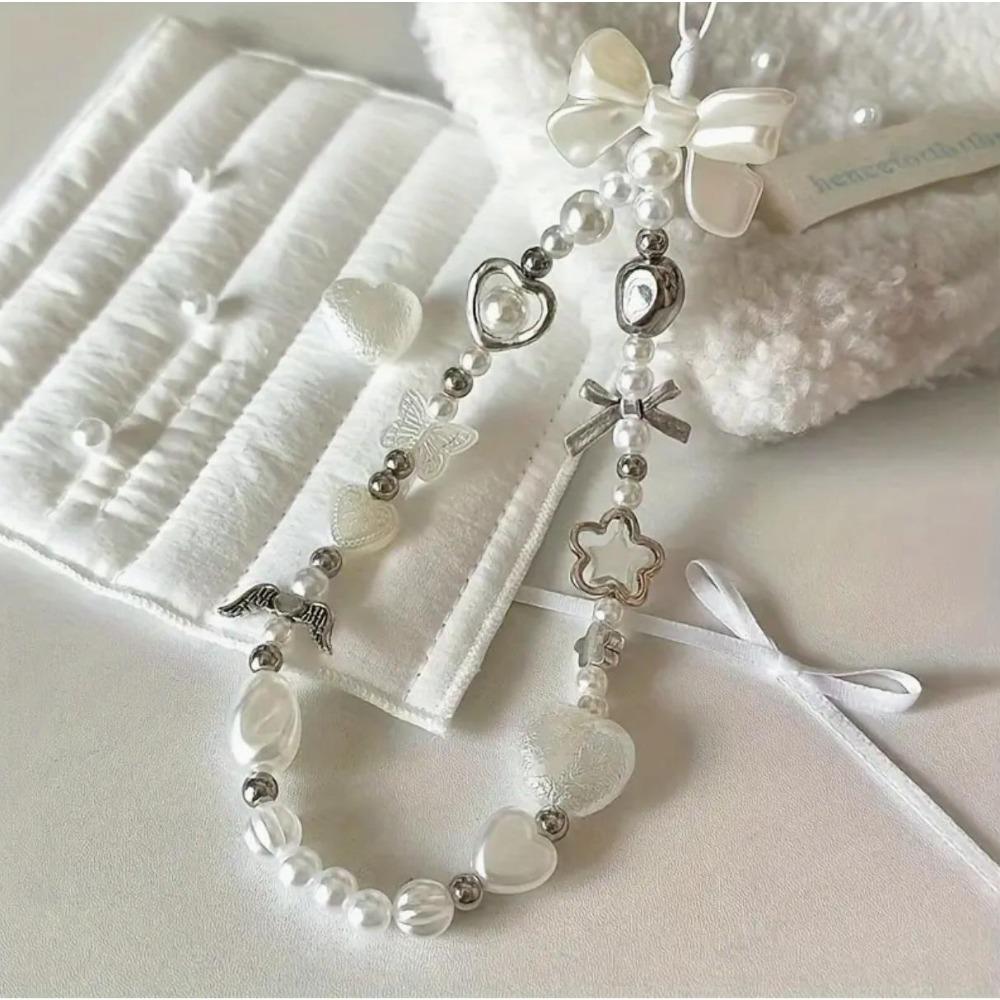 Cartoon Pearl Bowknot Phone Lanyard Anti-lost Detachable Love-heart Butterfly Phone Keychain Phone Chain Wrist Strap