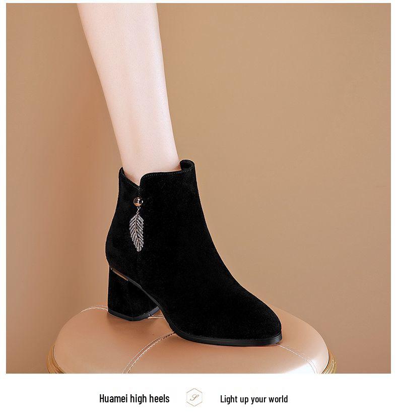 2025 Women's Suede Ankle Boots: Spring & Autumn Mid-Chunky Heel, Slimming Round Toe Design