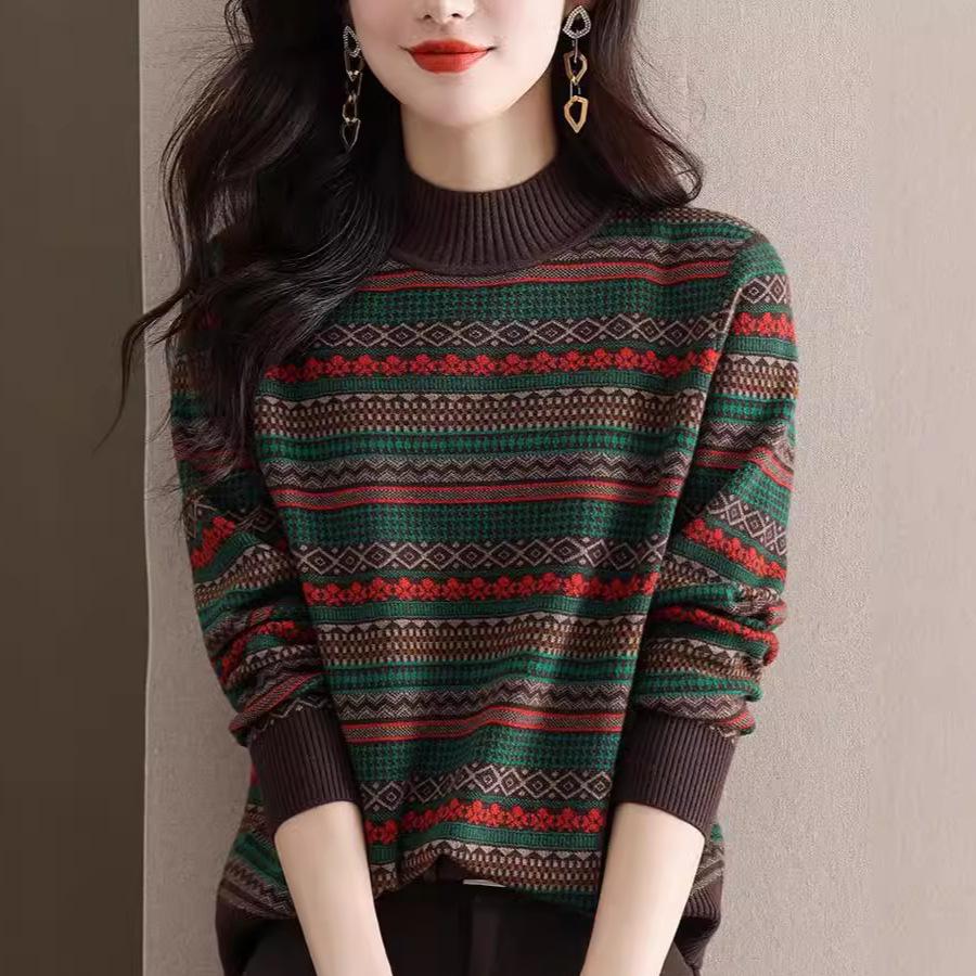 Half Turtleneck Knitted Sweater for Women Vintage Jacquard Sweater Fashionable Striped Casual Pullover for Autumn and Winter