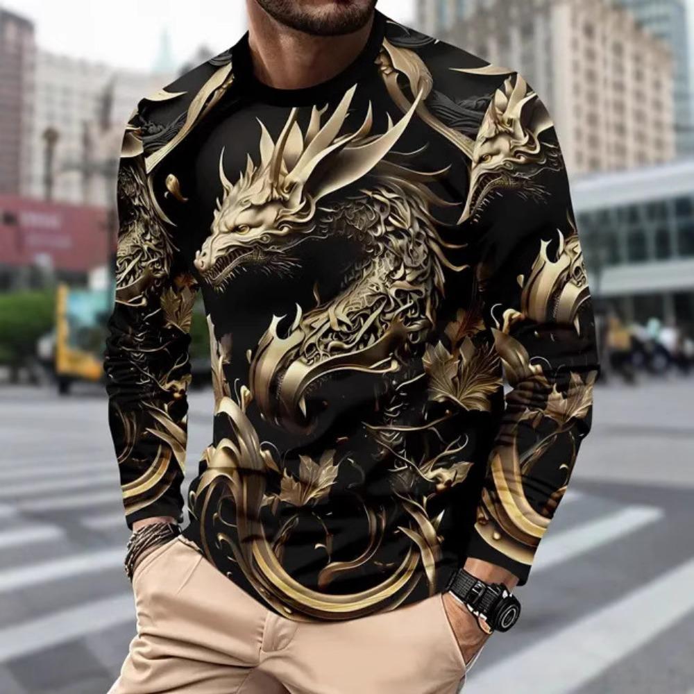 Personalized Design 3D Digital Printing Men's Street Trendy Round Neck Long Sleeved T-shirt