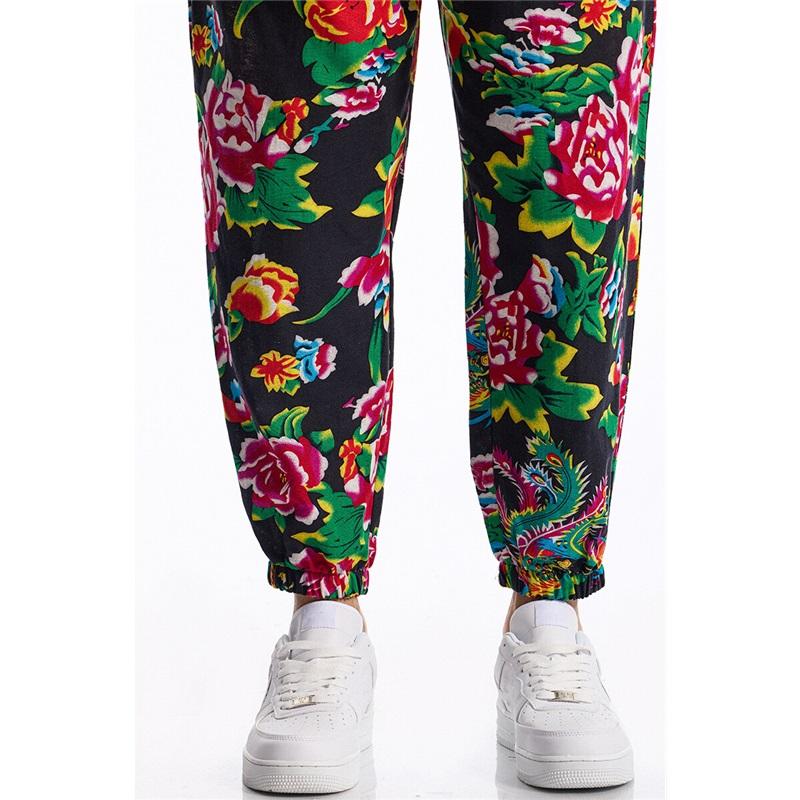 Erkek Günlük İpli Boho Etnik Baskılı Pantolon Açık Hava Aktiviteleri Eşofman Yaz Pamuk Keten Koşu Jogger Eşofman Altı
