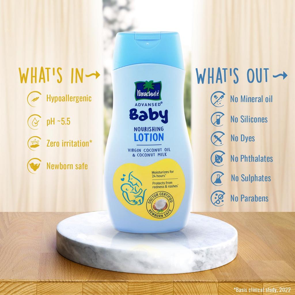 Parachute Baby Lotion 410ml For Newborns With Virgin Coconut Oil pH 5.5 | 24H Moisture | Doctor Tested Hypoallergenic Skin Care