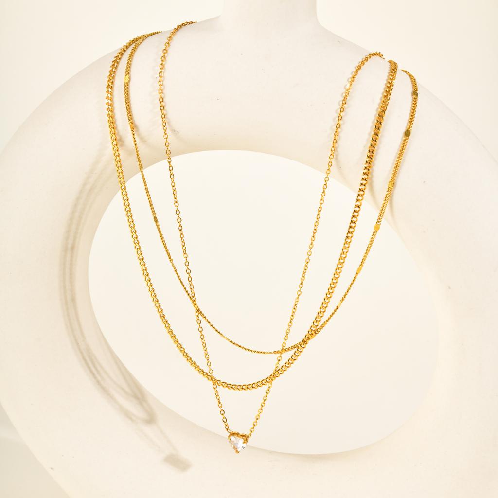 3pcs Set Simple Fashion 18K Gold Plated Stainless Steel Water Drop Heart Zircon Pendant Necklace for Women, Classic Jewelry Set