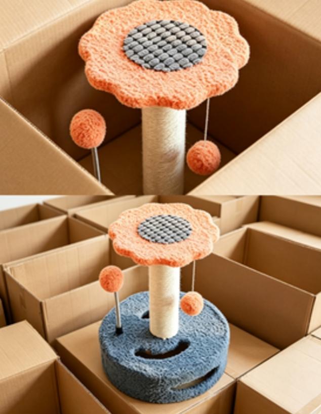 Two-tone Floral Cat Tower with Flower Perch, Sisal Scratcher Cave Base & Spring Hanging Pom-pom Toys Relieve Cat Boredom