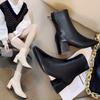 Martin Boots Women's 2025 New Women's Boots Winter European and American Style Square Head Rear Zipper Leather Boots Women's Thick Heel Medium Heel
