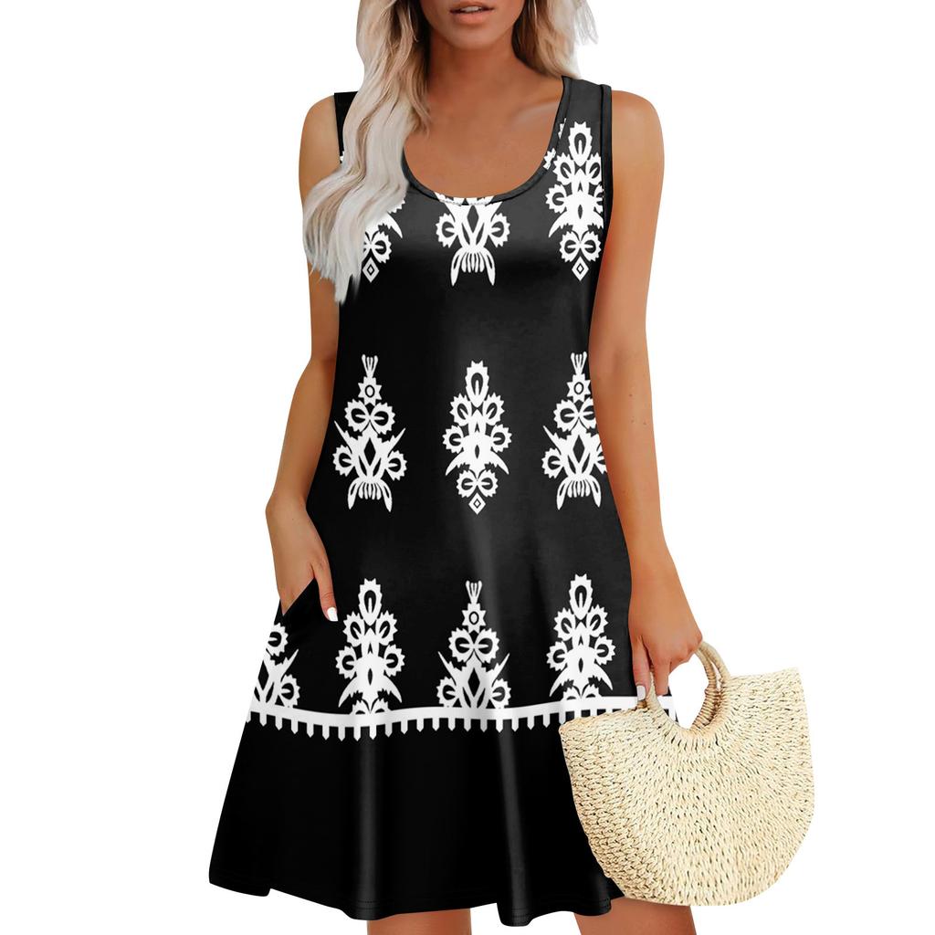 Women's Summer Casual U-shaped Tie Pocket Popular Floral Print Dress
