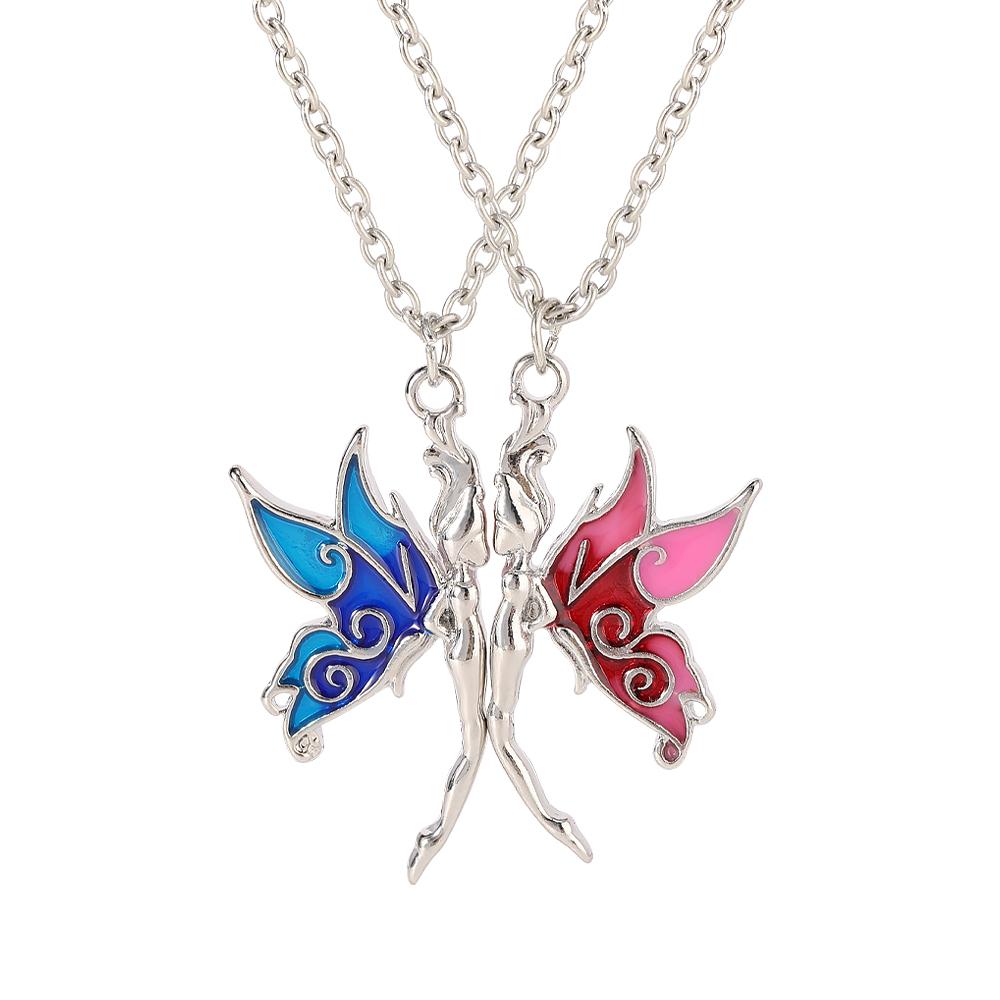 

2Pcs/Set Funny Best Friends Blue Pink Angle Spirit Genie Shaped Pendant Necklace For Women Girls BFF Friendship Jewelry 45cm