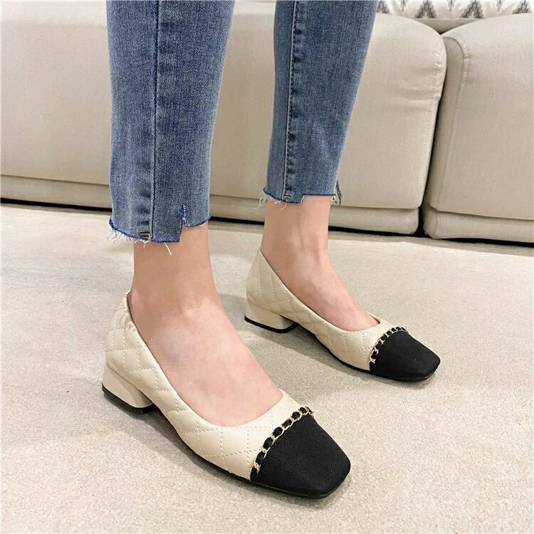 Fashion Office Woman Footwear Beige Fashion Leather Casual Shoes For Women Block Heel Square Toe Low Elegant Popular Vacation Spring Y2k