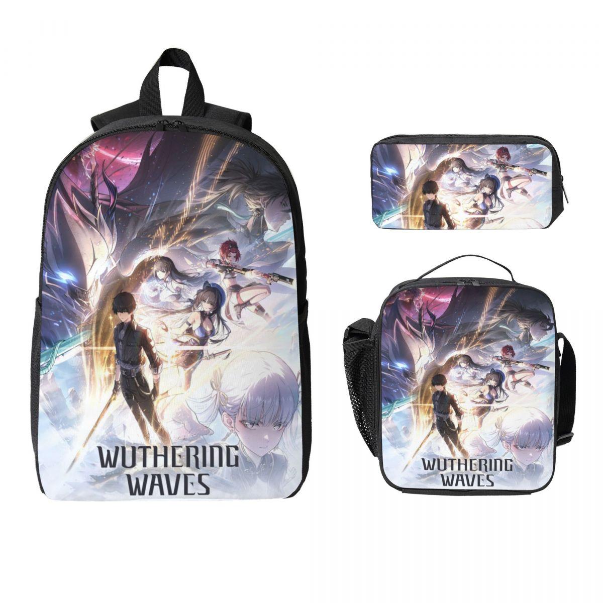 Set de 3 pièces Merchandising du jeu Wuthering Waves Ensemble de Sac à Dos pour Enfants Boîtes à Crayons Sacs d'École avec Boîte à Lunch Pour Étudiants Sac à Dos