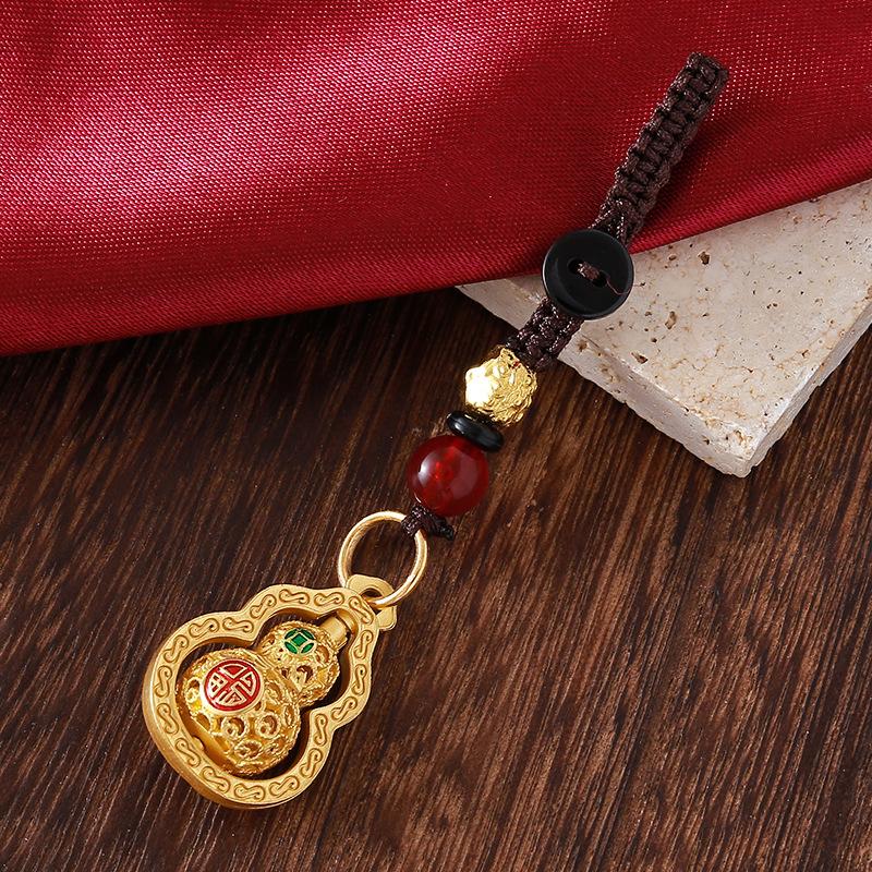 Vintage Gold Plated Brass Car Keychain Hollow Gourd Keychain Bag Charm Lucky Key Ring Jewelry