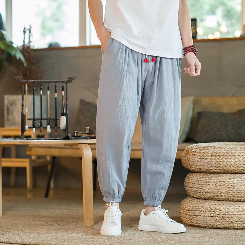 Men's 2024 Summer Cotton-Linen Chinese-Style Nine-Point Trousers - Loose Fit, Large, Slim Casual Pants