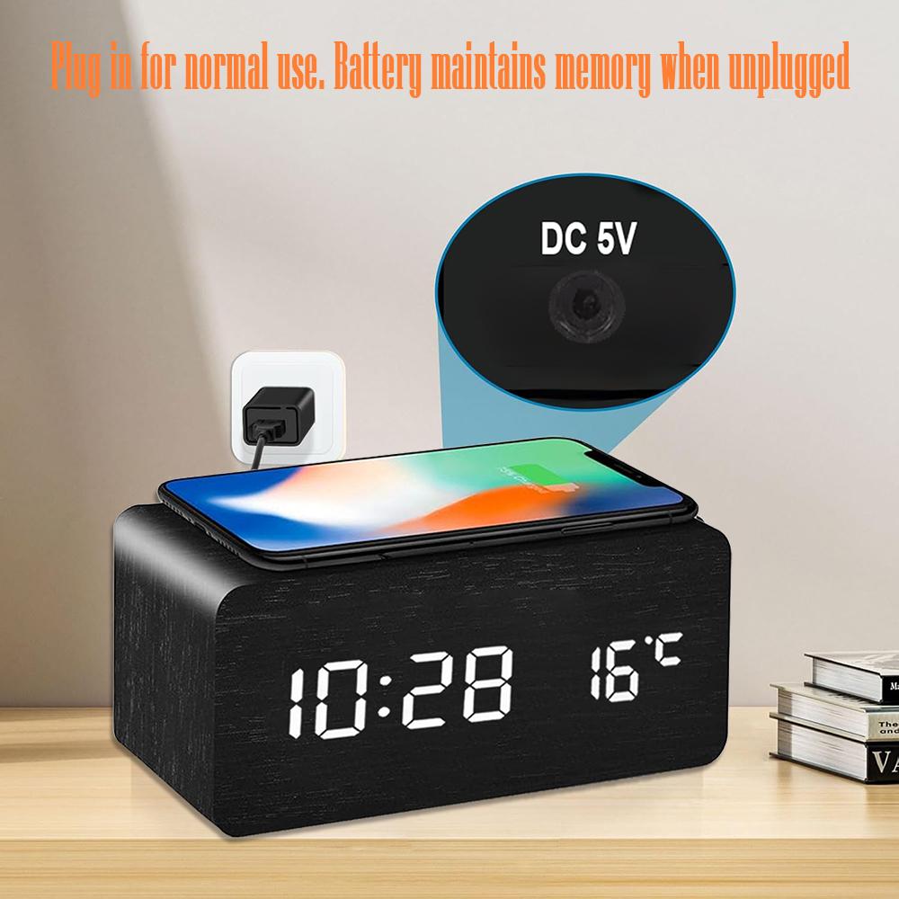Wooden Digital Alarm Clock with Wireless Charging Temperature Display LED Desk Clock for Office Bedroom Bedside Décor Gift