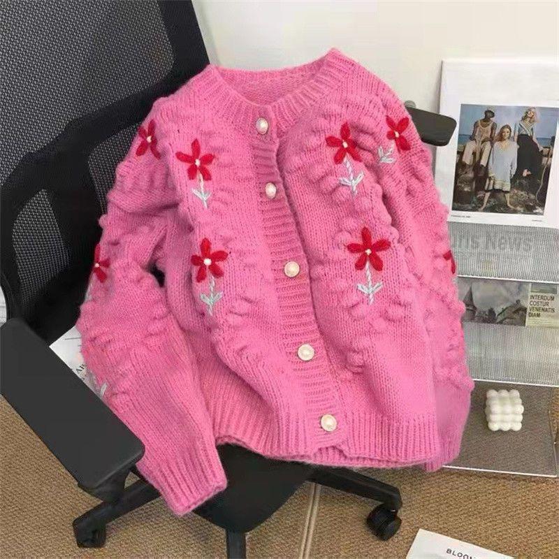 

Кардиганы, свитер, женский, весна 2022, новый вязаный кардиган с напуском и вышивкой, женский топ, корейский свободный кардиган, свитер, пальто One Size розовый