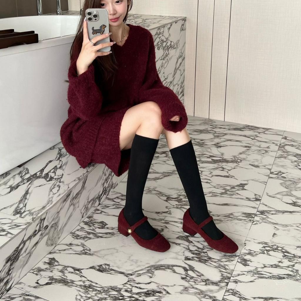 2025 autumn fashion woolen word with shallow mouth thick medium Mary Jane commuting velvet warm work women's single shoes