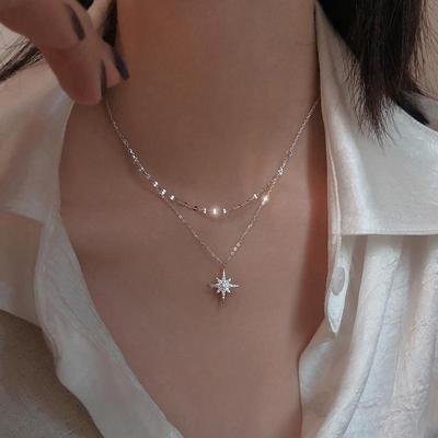 S925 ayar Gümüş Yıldız Ay Çift Kolye Kadın Köprücük Zinciri Parlak Elmas Moda Takı Aksesuarları