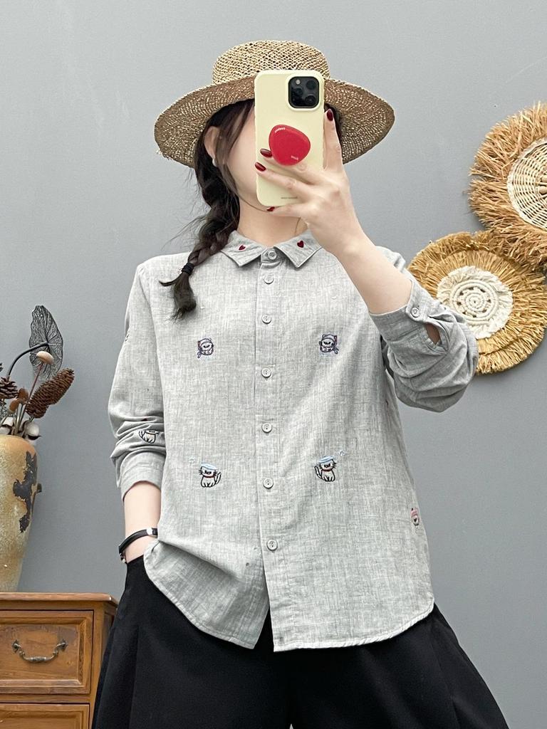 Spring 2026 Cartoon Embroidered Long-Sleeve Women's Cotton Gauze Shirt