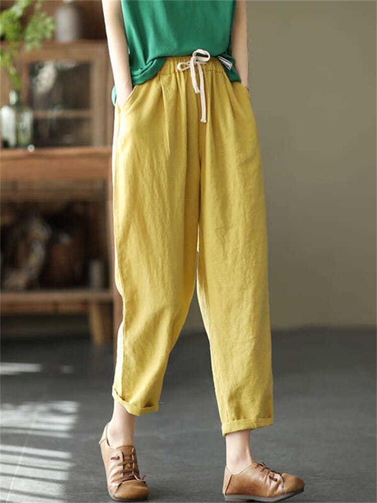 Harajuku Summer High Waist Elastic Women's Cotton Linen Wide Leg Capris Pants for Women Baggy Harem Pants Woman Trousers