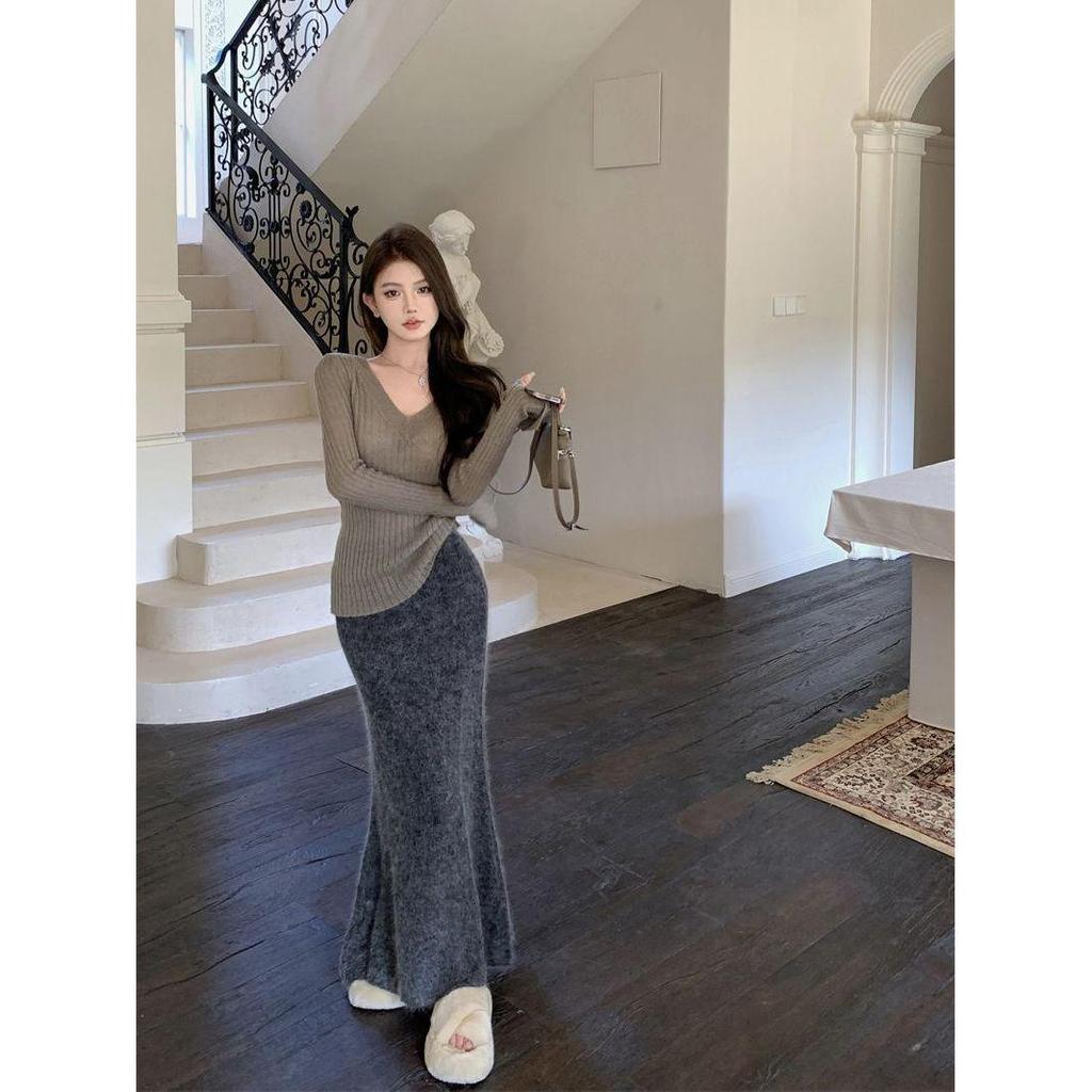 Pure Desire Vibe Sexy V-Ausschnitt Damen Strickoberteil mit ausgestellten Ärmeln - Herbst Winter Y2K Stil Pullover