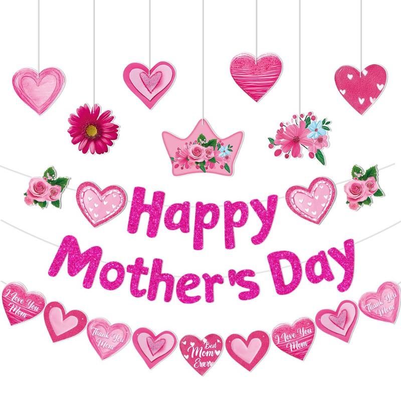§Happy Mother's Day Paper Pendant Banner Mother's Day Pink Party Decoration Heart Flower Mom Day Paper Garlands