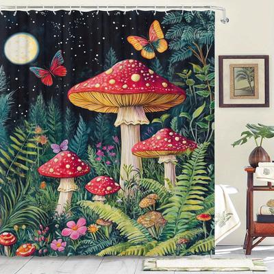 Wild Grass Mushroom Theme Shower Curtain 12 Hooks Suitable for Room Home Hotel Machine Washable Curtains Bathroom One Piece