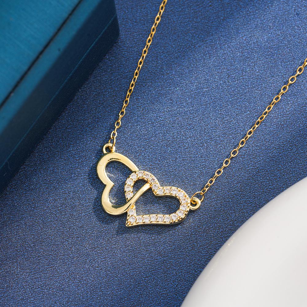 Titanium Steel Double Heart Diamond Necklace - Plated Clavicle Chain, Fashionable & Versatile Accessory