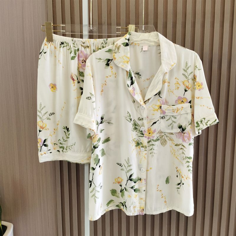 High Quality Cotton Silk Delicate and Soft Ladies Summer Short Sleeve Shorts Pajamas Sets Two-piece Set Can Be Outwear Pastoral Floral