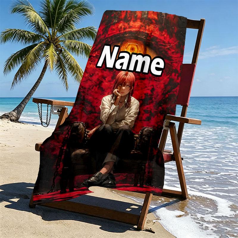 Custom Name Personalized Makima Chainsaw Man Print Beach Towel, for Trip Camping Beach Party Home Decor, Birthday Gift for Family & Friends