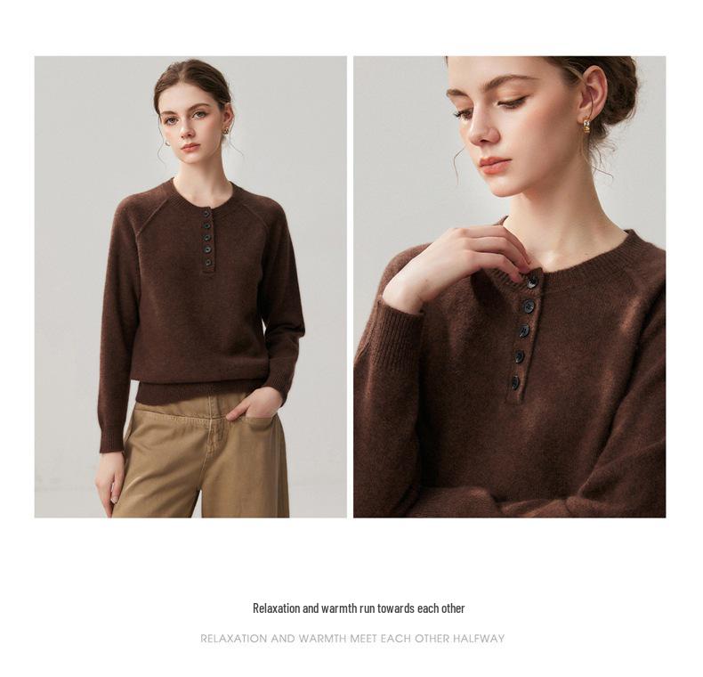 2026 Autumn/Winter Women's Cashmere Heather Knit Sweater - Round Neck, Buttoned, Loose Fit, Warm Base Layer